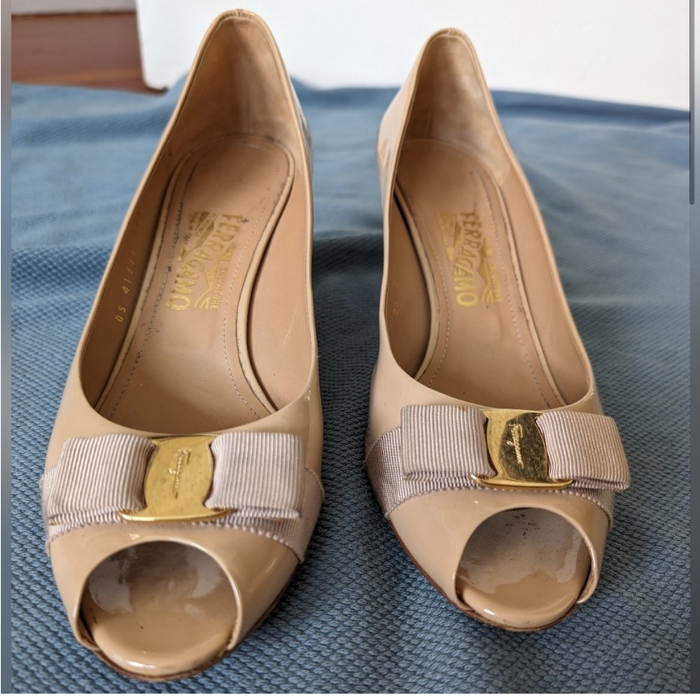 Ferragamo Patent Leather Peep Toe Wedges - signature bow
